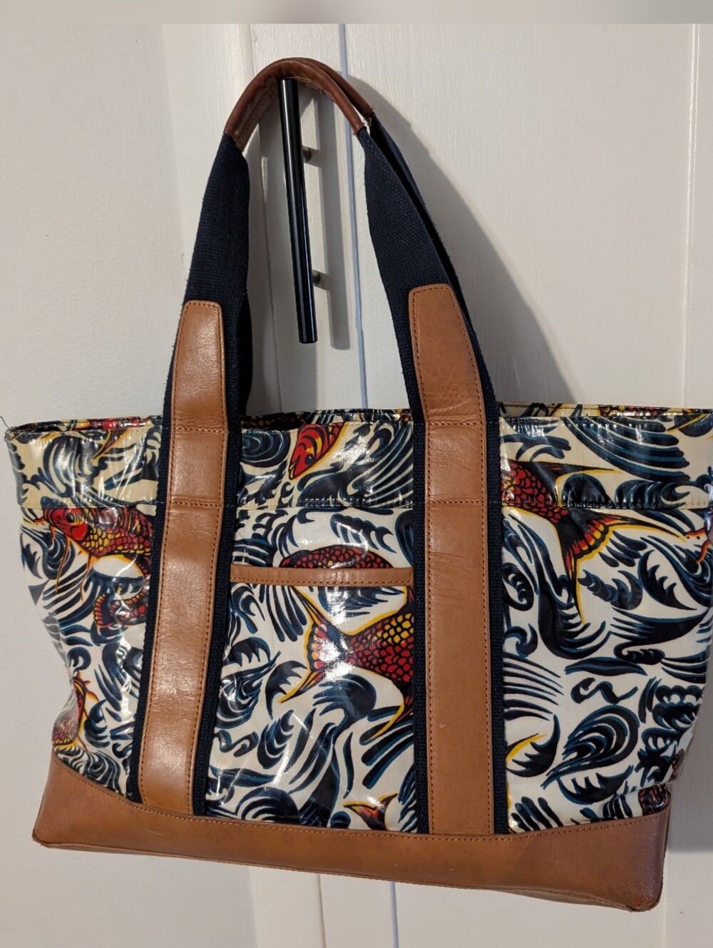 Tory Burch Canvas Tote with Tan Leather Trim and Gold Logo - Picture 3 of 12